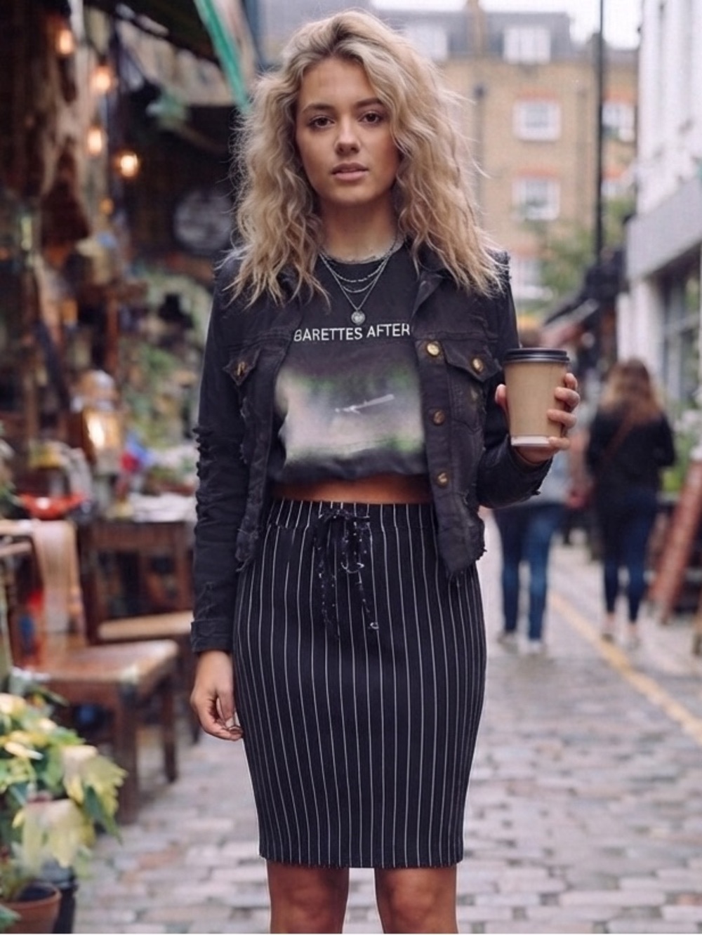 Chic Black & White Pinstripe Midi Skirt with Drawstring Waist Streetwear